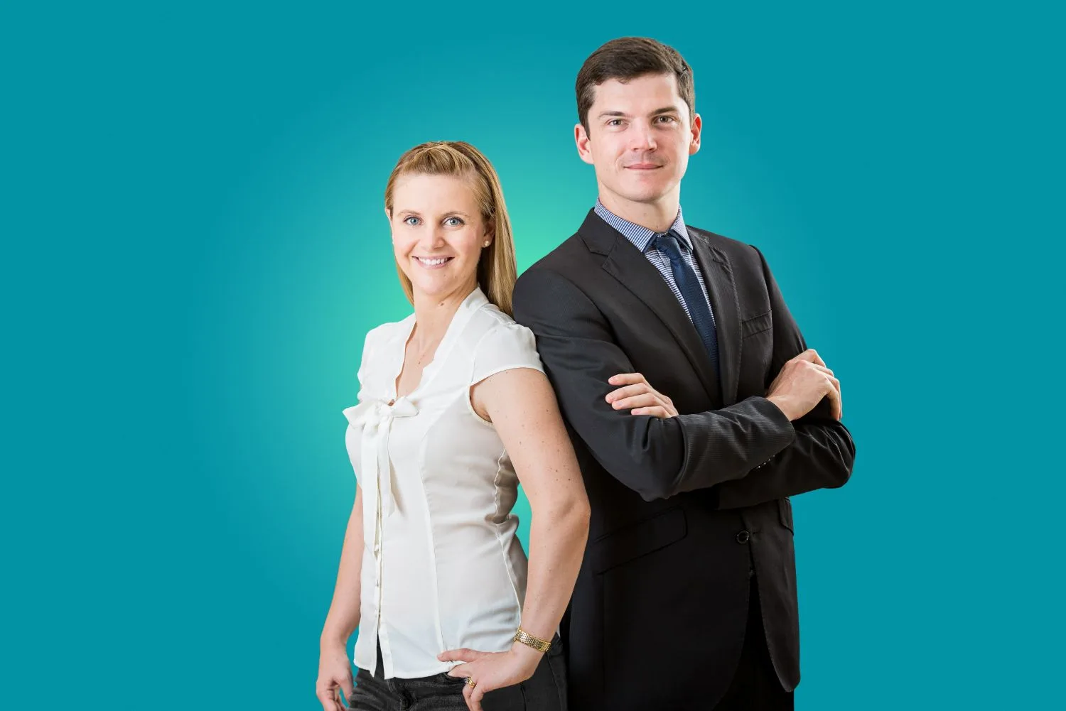 Corporate branding portrait of two Brisbane business professionals standing back to back