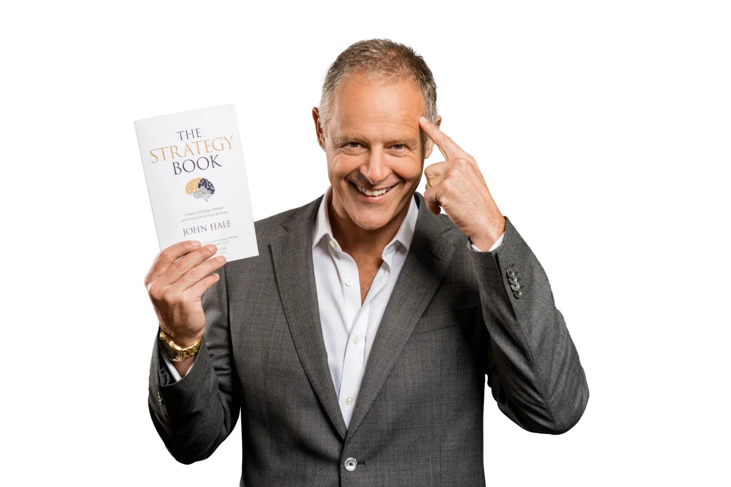 Personal branding studio portrait of a man holding 'The Strategy Book'