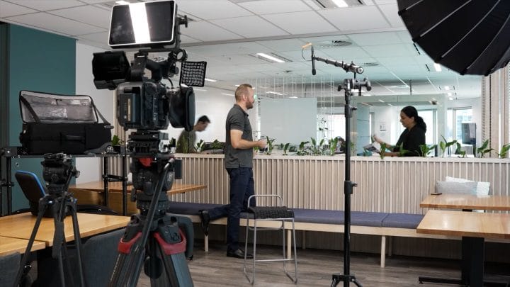 A professional interview lighting and camera setup using Sony cinema cameras
