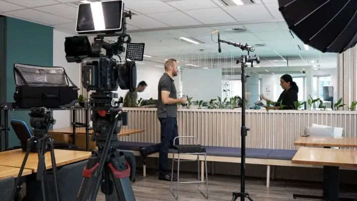 A professional interview lighting and camera setup using Sony cinema cameras