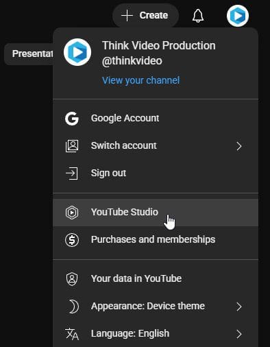 Screenshot of YouTube account menu options.