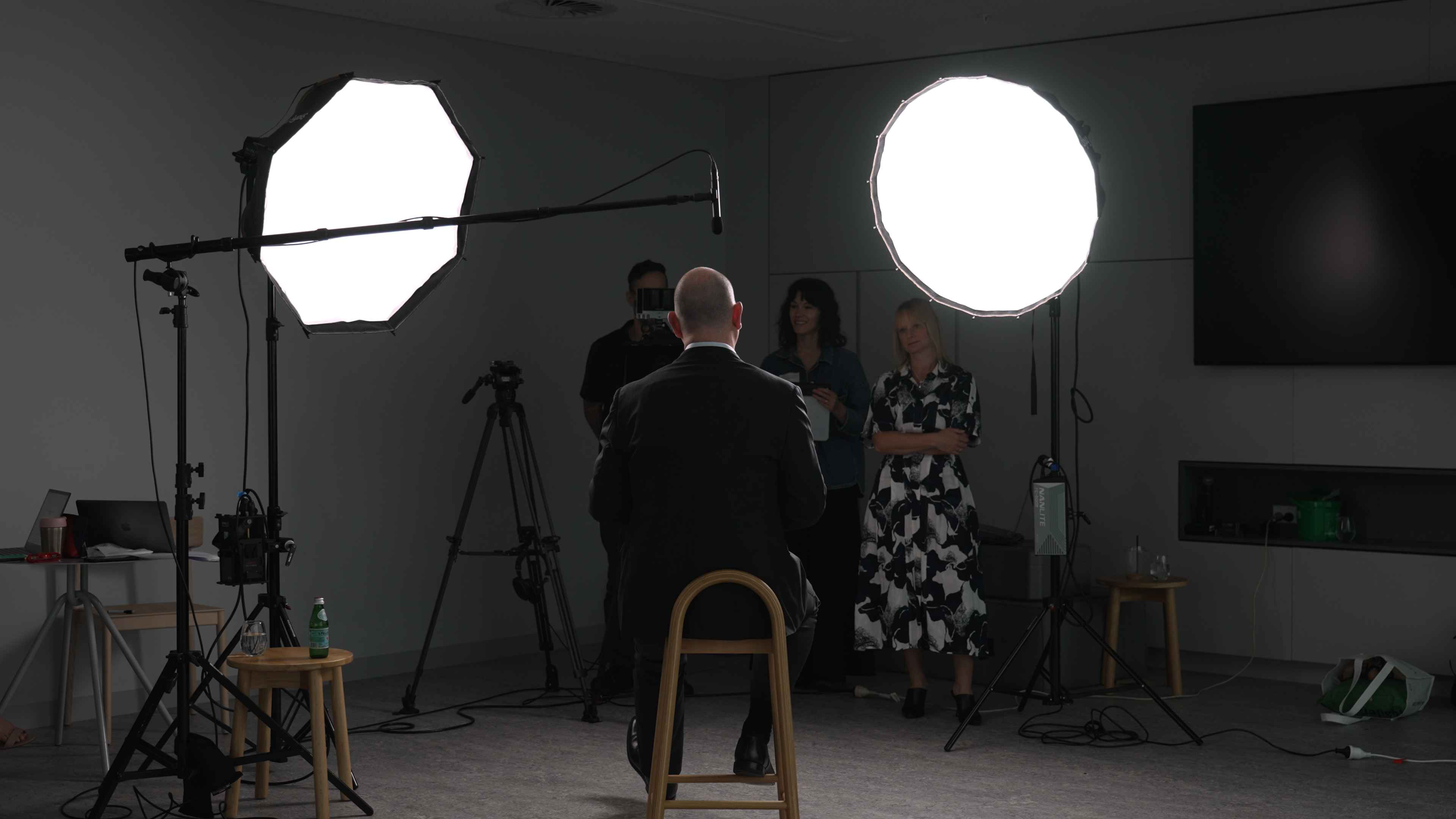 A cinema-grade lighting setup on a Brisbane corporate video shoot